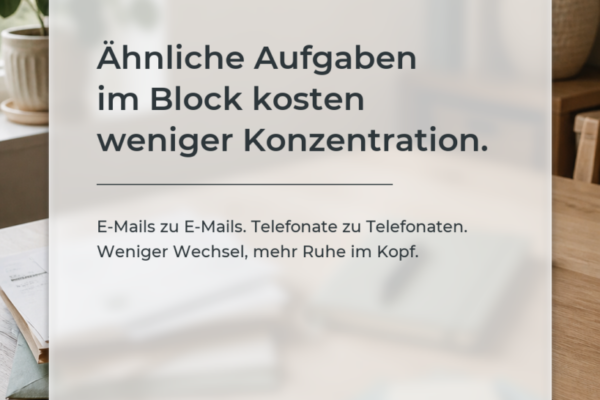 Gruppierte Arbeitsmaterialien als Symbol für gebündelte Aufgaben und weniger Kontextwechsel