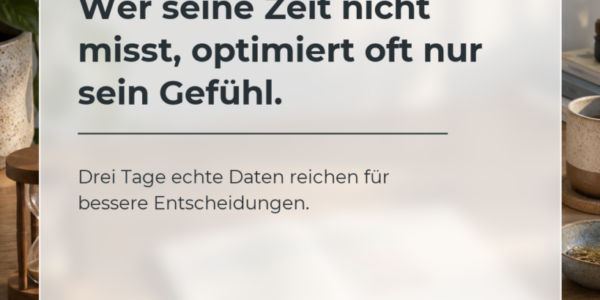 Ruhiger Arbeitsplatz mit Sanduhr und Glass-Karte über das realistische Messen der eigenen Arbeitszeit.