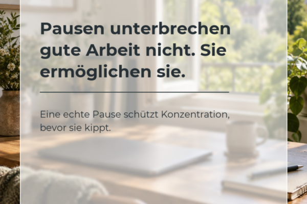 22-pausen-ermoeglichen-arbeit-final Heller Arbeitsplatz am offenen Fenster mit transparenter Textkarte über Pausen als Voraussetzung für konzentrierte Arbeit.