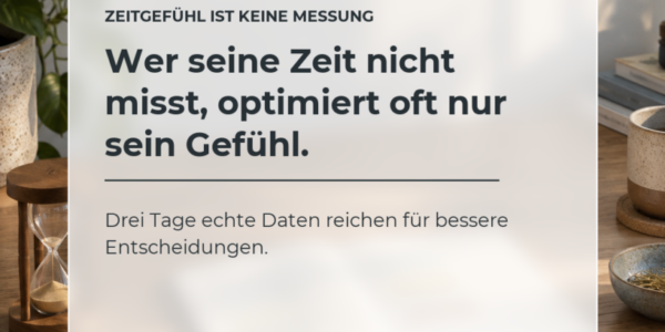 Ruhiger Arbeitsplatz mit Sanduhr und Glass-Karte über das realistische Messen der eigenen Arbeitszeit.