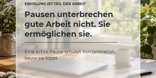 Heller Arbeitsplatz am offenen Fenster mit transparenter Textkarte über Pausen als Voraussetzung für konzentrierte Arbeit.